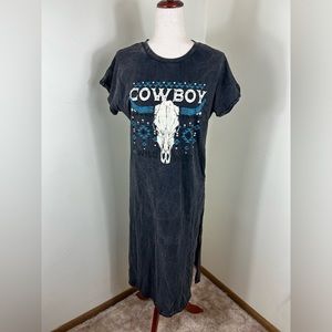Hrt & Luv Womens Small T-shirt Dress Cowboy Western Black Mineral Wash USA